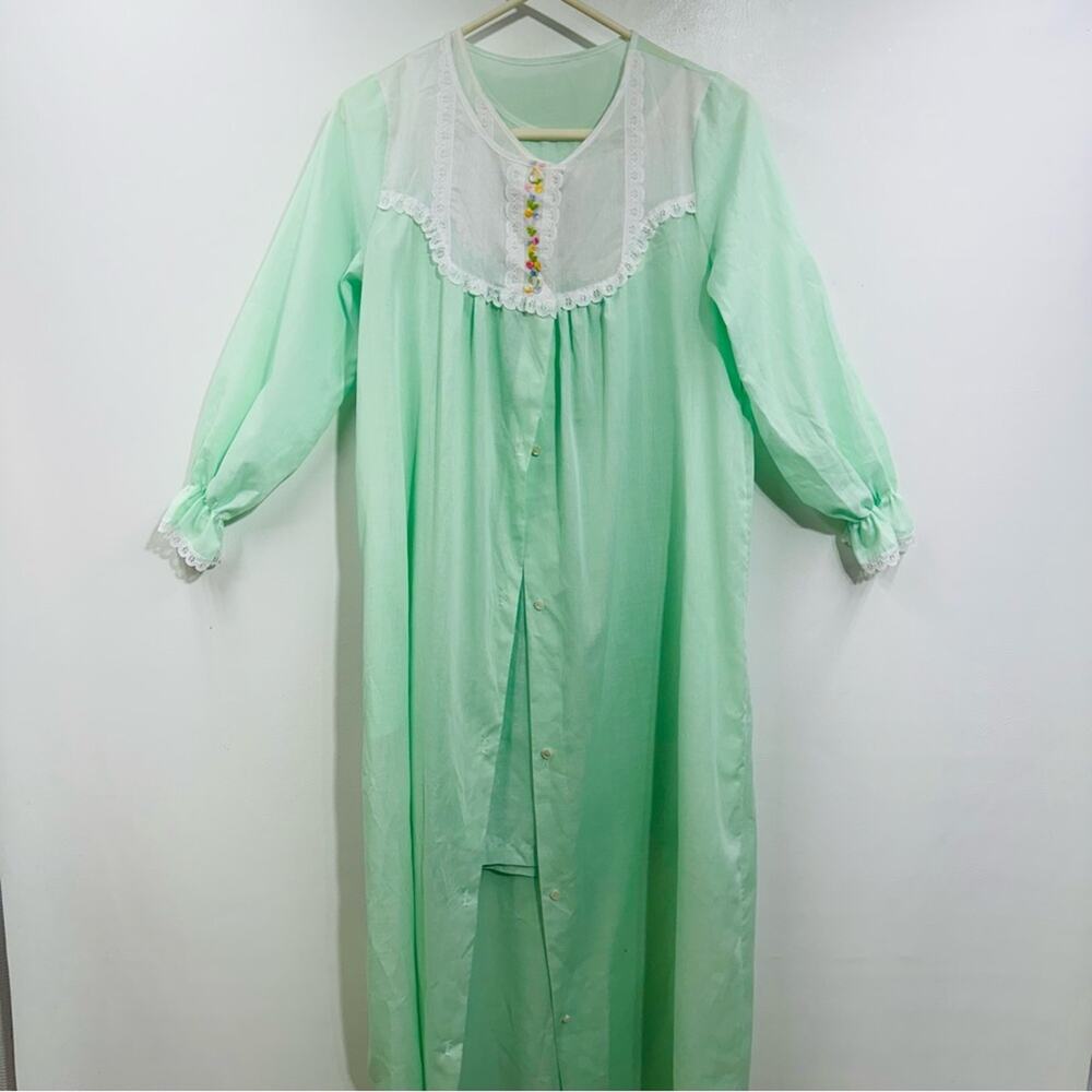 Sears Vintage‎ Robe & Night Gown Green Floral Lace Embroidered Sleepwear Size S